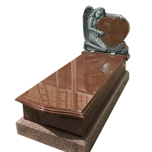 Red Granite Grave with Kneeling Angel Heart Carving