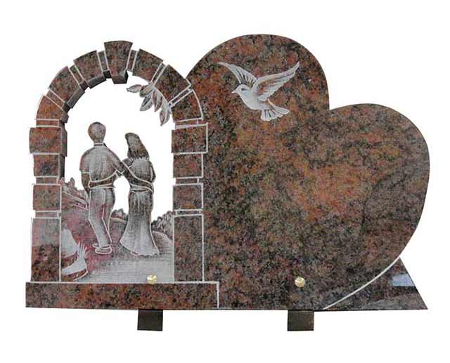 Muticolor Red Granite Funeral Plaque with Door And Married Couple Carvings