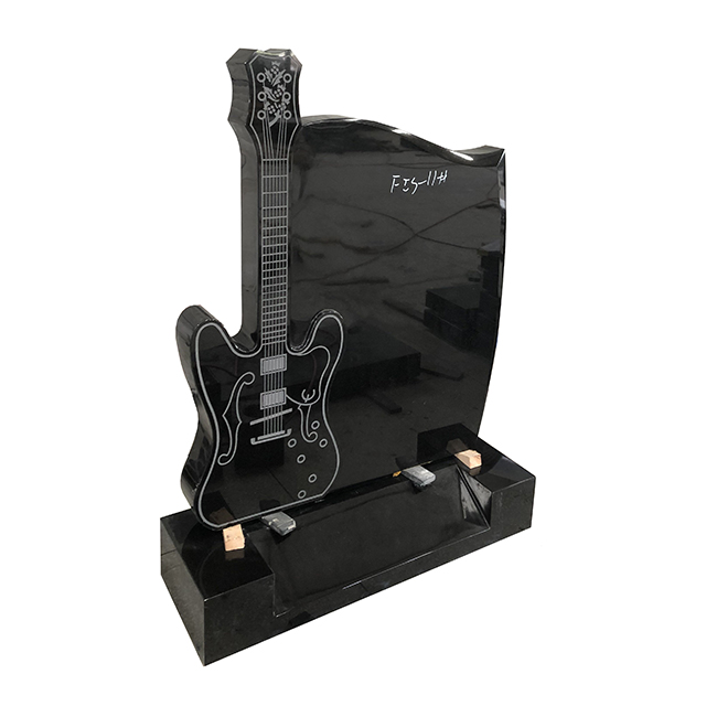 Black Granite Guitar Design Headstone with Base