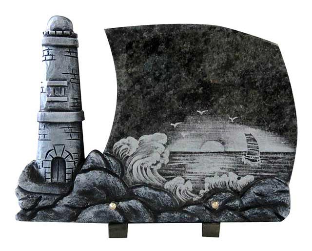 Impala Africa Black Granite Cemtery Plaque with Lighthouse And Seascape Carving