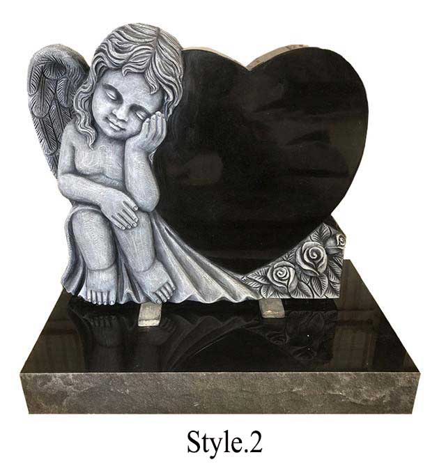 Antique Sitting Baby Angel Leaning Heart Black Granite Monument