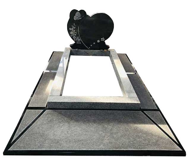 Black Granite Heart Kerb Headstone with Butterfly And Flower Carving