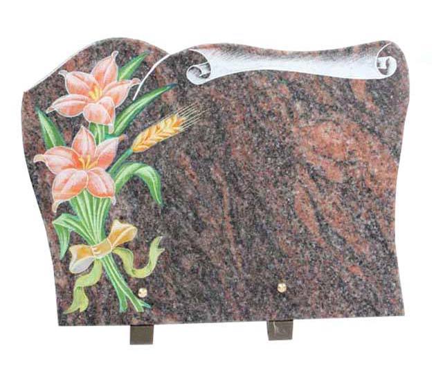 Indian Aurora Red Granite Grave Plaque with Printed Yellow Lilies