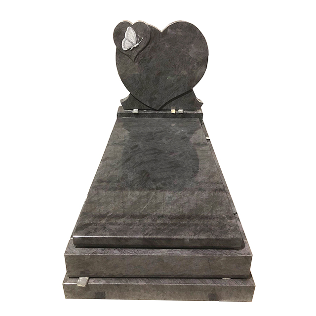 Bahama Blue Granite Cemetery Grave Stone with Double Heart Carvings