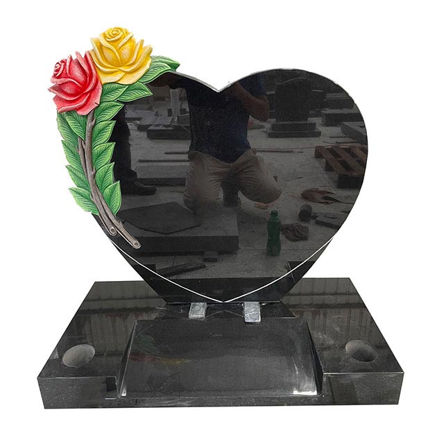 Painted Carved Flower Carving Upright Black Granite Heart Headstone