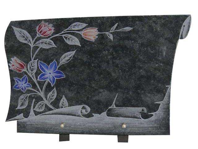 Bahama Blue Granite Female Memorial Plaque with coloriezd Flower carving