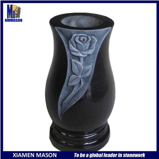 Black Granite Vases with Flower Carvings